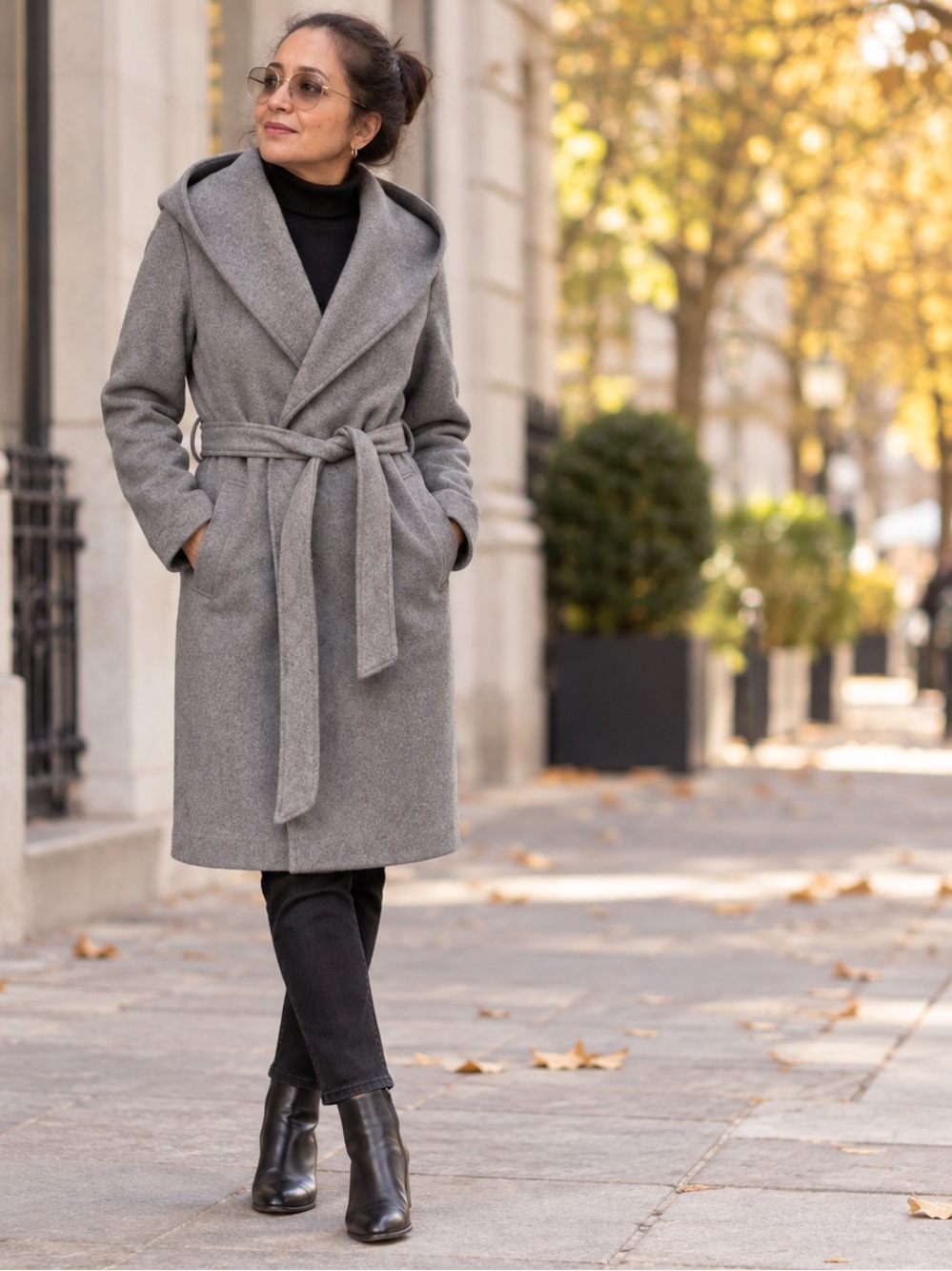 Zara Grey Hooded Belted Wrap Coat XS